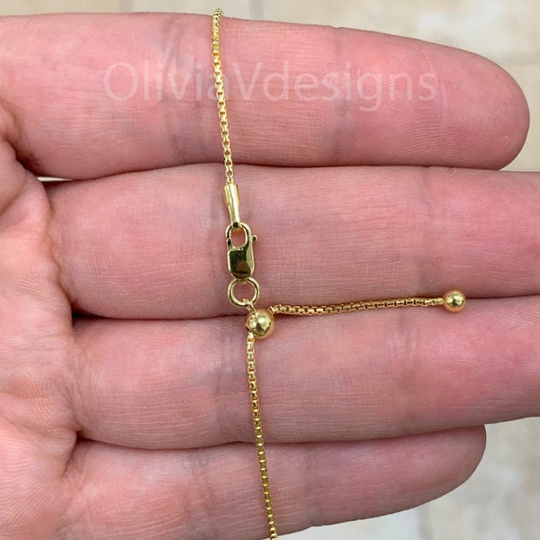 14K Yellow Gold Over 925 Sterling Silver Box  Adjustable 1mm Chain, Silver, Sterling Silver Chain, 925 Sterling Silver, Finished Necklace