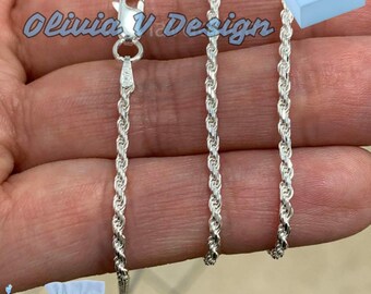 Catena In Corda Taglio Diamante Argento 925 Italiano - Lunghezza 16 Pollici, Larghezza 2mm