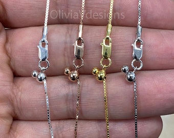 925 Sterling Silver Box  Adjustable 1mm Chain, Silver, 14k Yellow Gold, 14k Rose Gold, Sterling Silver Chain, 925 Sterling Silver