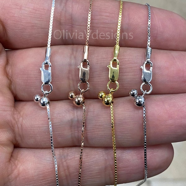 925 Sterling Silver Box  Adjustable 1mm Chain, Silver, 14k Yellow Gold, 14k Rose Gold, Sterling Silver Chain, 925 Sterling Silver