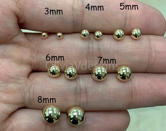 Pendientes de bola de oro SOLID 14K, 3MM, 4MM, 5MM, 6MM, 7MM, 8MM, pernos de pendiente de bola, pernos de empuje de oro mujer, respaldos genuinos de 14k