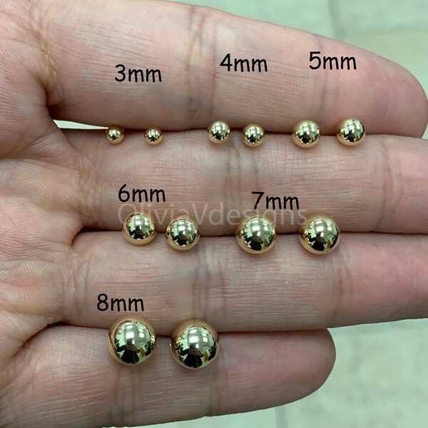 SOLID 14K Gold Ball Earrings, 3MM, 4MM, 5MM, 6MM, 7MM, 8MM ,Ball Earring Studs, Gold Push Back Studs Woman, Genuine 14k Backs