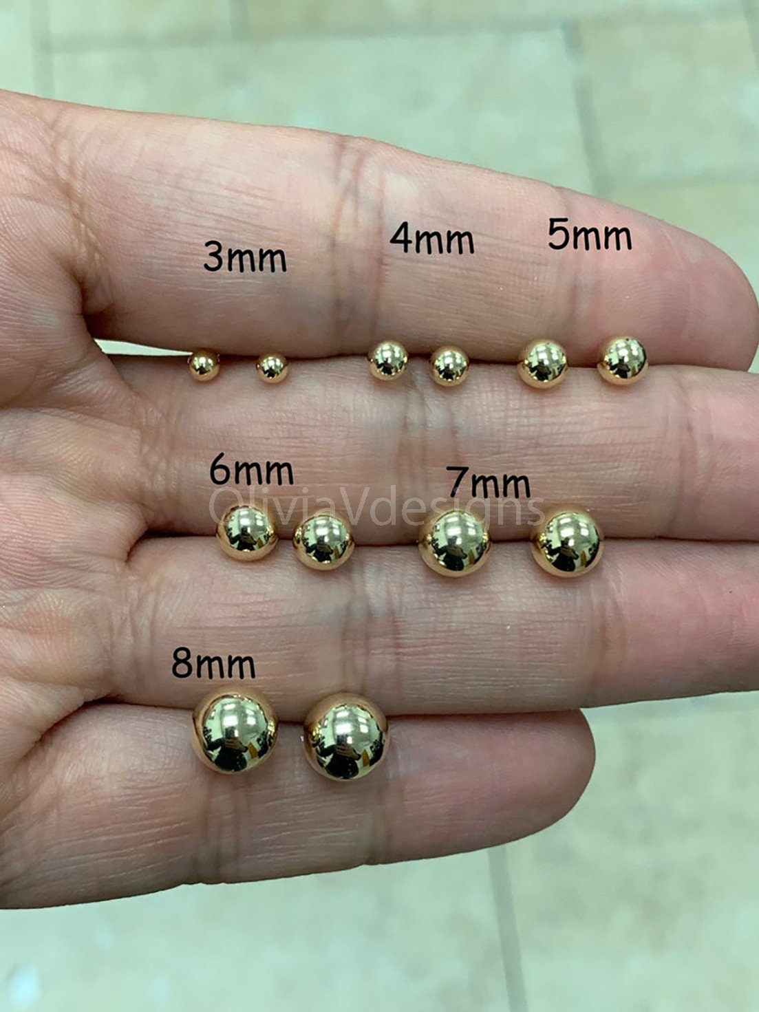 SOLID 14K Gold Ball Earrings, 3MM, 4MM, 5MM, 6MM, 7MM, 8MM ,ball