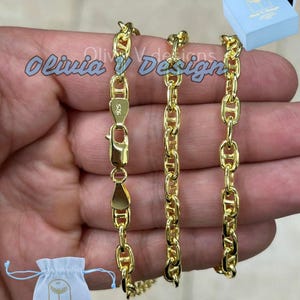 14K Yellow Gold Over 925 Sterling Silver 5mm Puffy Anchor Link Chain Necklace Solid Silver, Men&#39;s And Ladies, Puffy Chain, Thick
