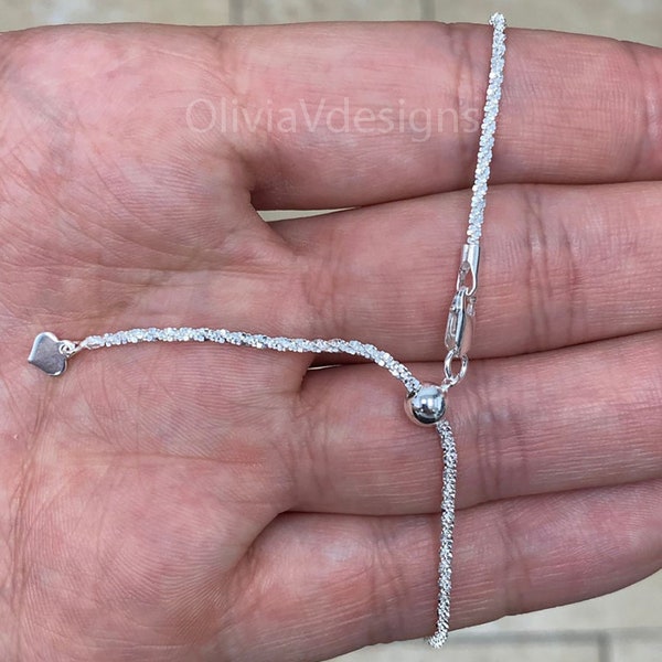 Adjustable 925 Sterling Silver Sparkle Glitter Margarita Twisted Rock Chain 2.00mm Necklace, Real 925 Sterling Silver, Diamond Cut