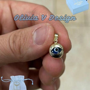 14k Gelbgold Griechisch Evil Eye Anhänger, Dainty Eye - Echtes 14k Gold - Talisman viel Glück, , Schutz, Diamantschliff, hellblau, 10 mm