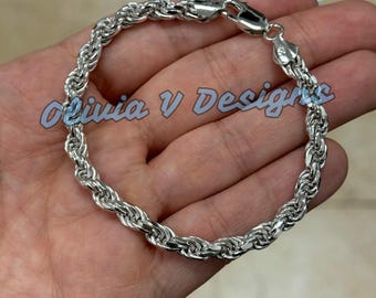 Sterling Silver Italian Rope Chain Bracelet: Diamond Cut, 5.5mm - Etsy