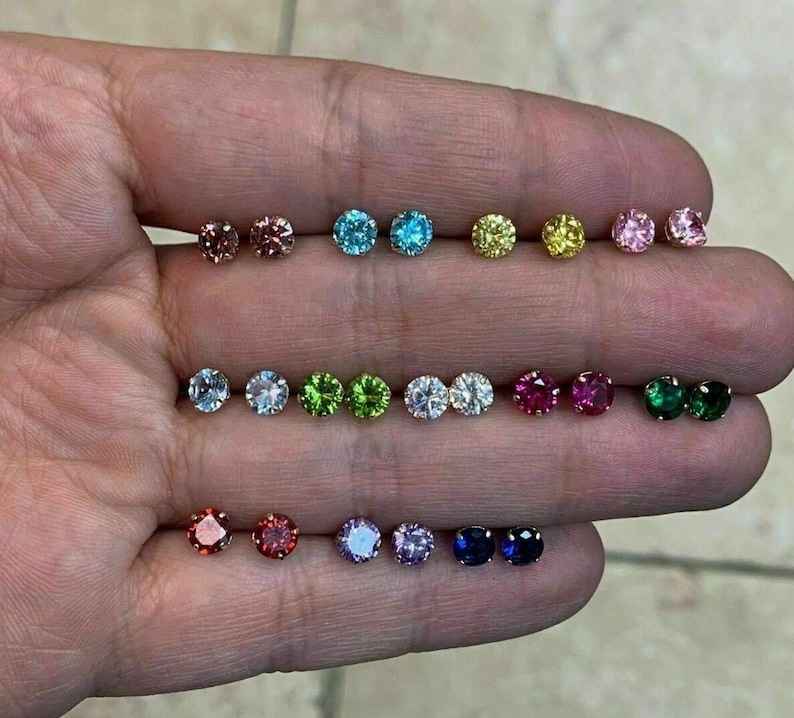 Round 14k Gold Birthstone Stud Earrings 5mm Choose Your Birth Etsy