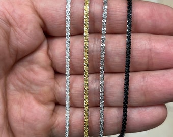 925 Sterling Silver Sparkle Glitter Margarita Twisted Rock Chain 2.5mm Necklace, 14k Gold, Silver, Black Rhodium, Rhodium, Italian