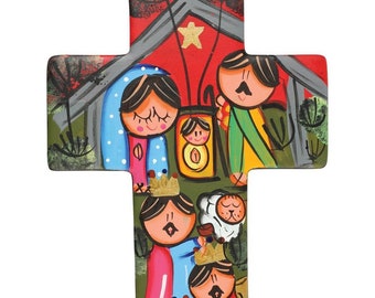 Hand-painted nativity scene or virgin mary cross/ Cruz pintada a mano natividad y virgen