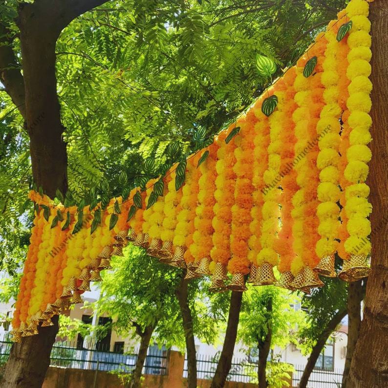 Beautiful Marigold flower Toran with Bells Indian Wedding Decoration Home Decor House Entrance Decor Door Hanger Indian Traditional Looking image 7
