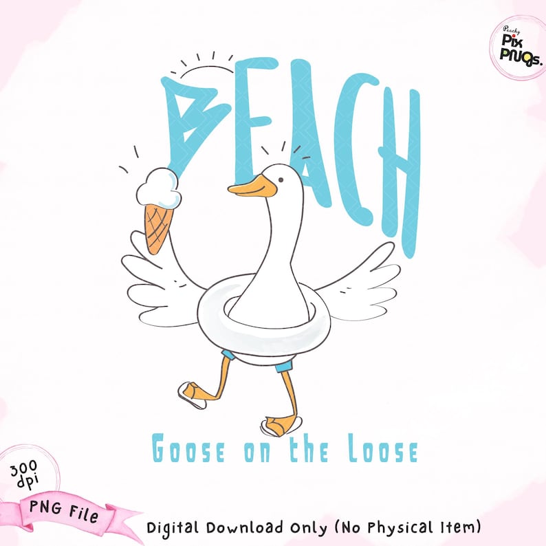 Let your designs run wild with this “Goose on the Loose” beach PNG! This adorable and chaotic goose waddles through summer with floaties, flip-flops, and a melting ice cream cone.