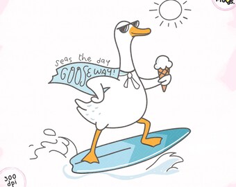 Ganso surfando engraçado PNG: Clipart do dia dos mares (download digital)