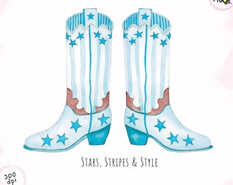 Patriotic Cowgirl Boots PNG: 4th of July Watercolor Clipart (Digital Download
