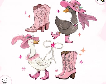 Funny Cowgirl Geese PNG: Pink Boots, Western Art (Digital Download)