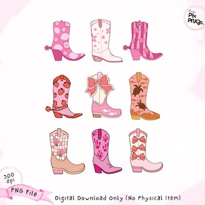May include: Set of ten pink cowboy boots with various designs, including lemons, stars, strawberries, seashells and coral. The boots are all pink with white accents and have a black outline.