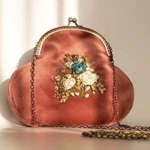Pink Velvet Kiss Lock Crossbody Bag, Ribbon Embroidery