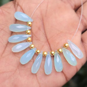 Luxury Aqua Chalcedony Faceted Drop Beads | 6.5” Strand of 18x6–15x6mm Gems | Premium Quality for Handmade Bridal & Statement Jewelry.