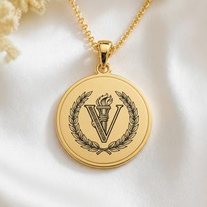 V Initial Pendant Laurel Wreath Torch Engraved Medallion Necklace Unisex Minimal Gold Plated Brass Jewelry