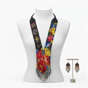 Ukrainian Floral Beaded Necklace, Black Seed Bead Bib Necklace, Folk Statement Jewelry with Matching Earrings Handmade Gift Women