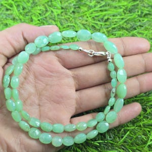 Natural Chrysoprase Necklace: Faceted Oval Beads, Silver Plated, 16 Inch