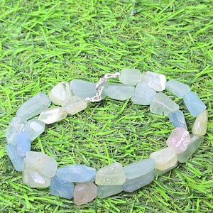 Natural AAA++ Quality Multi Aquamarine Necklace  Tumble & Faceted 16 Inch Necklace for Beautiful Women, Girls, GF  Adults.