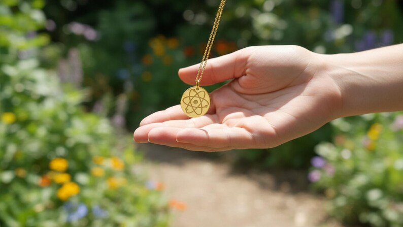 May include: A gold-colored necklace with a pendant featuring an atom design. The necklace is suspended from a delicate chain and held in an open hand against a blurred background of greenery and flowers.