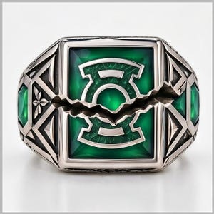 Silver Tone Green Enamel Signet Ring for Men, Jagged Split Statement Ring, Geometric Gothic Jewelry, Bold Modern Gift for Him