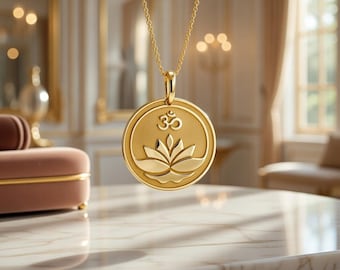 Gold Tone Brass Om Lotus Pendant Necklace – Spiritual Jewelry, 18 Inch Chain