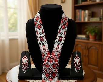 Handcrafted Ukrainian Beaded Gerdan Necklace & Earrings – Vyshyvanka Folk Motif