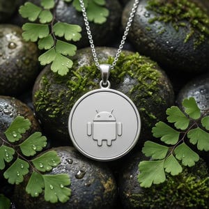 Peut inclure: Un pendentif circulaire argenté suspendu à une fine chaîne métallique. Le bijou présente une gravure centrale représentant le logo du robot Android, avec une finition lisse et brillante sur toute la surface métallique du disque.