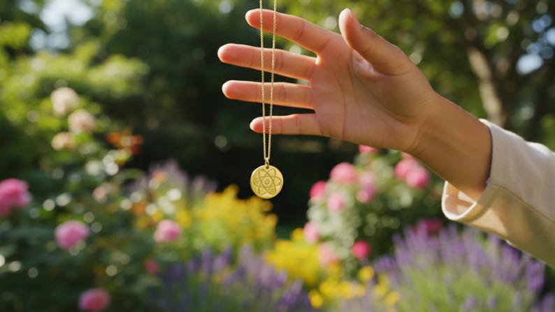 May include: A gold-colored pendant necklace with a circular charm featuring a geometric design. The necklace is held up against a blurred background of colorful flowers and greenery.