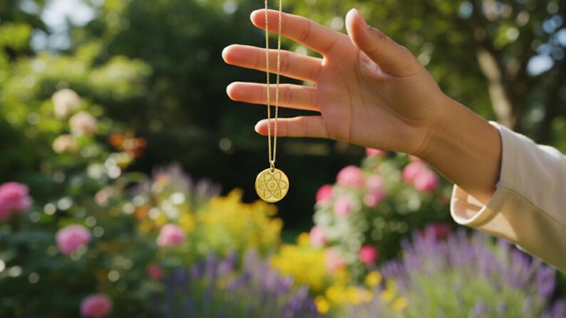 May include: A gold-colored pendant necklace with a circular charm featuring a geometric design. The necklace is held up against a blurred background of colorful flowers and greenery.