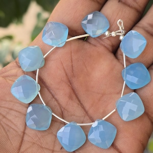 Aqua Chalcedony Faceted Cushion Beads | 12x12mm Sea Blue Gemstones on 6 Inch Strand | Soft Glow Stones for Elegant Jewelry.