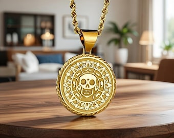 Gold Tone Brass Skull Medallion Necklace – Tribal Aztec Pendant, 18 Inch Chain