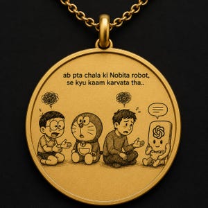 May include: A circular gold pendant on a matching chain featuring an engraved illustration of Nobita, Doraemon, and a character with the ChatGPT logo. The text reads: ab pta chala ki Nobita robot, se kyu kaam karvata tha.. with speech bubbles and doodles.