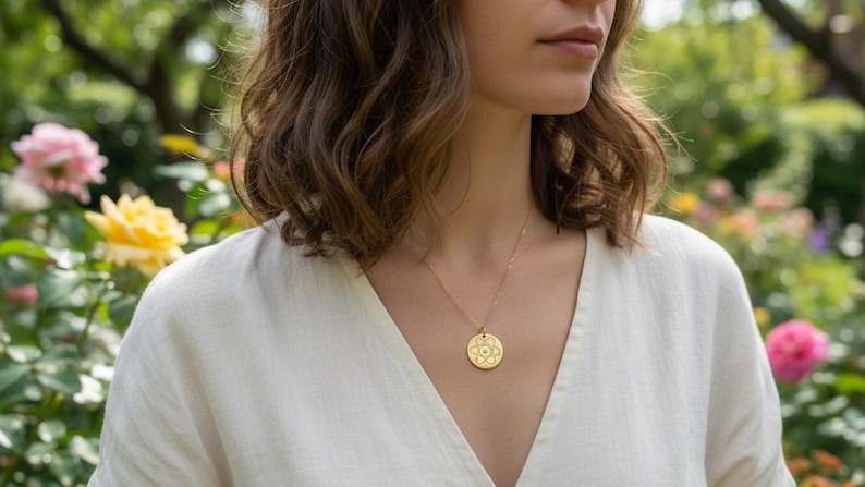 May include: A gold pendant necklace with a circular charm featuring an intricate floral design. The necklace hangs on a delicate chain against a cream-colored top. The background shows a garden with pink and yellow roses.
