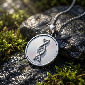 Può includere: Un ciondolo circolare color argento con un design a doppia elica del DNA in rilievo al centro. Il ciondolo è fissato a una sottile catenina color argento. La superficie del ciondolo ha una finitura liscia e opaca con un bordo metallico lucido.