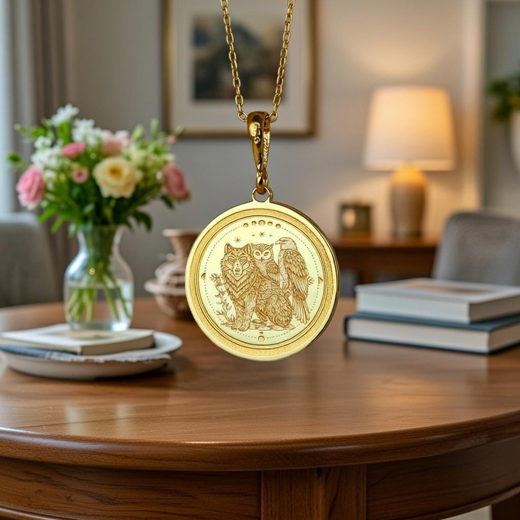 Wolf Owl Raven Brass Pendant Necklace | 30mm Round Medallion | Spirit Animal Symbol Jewelry | 18 Inc