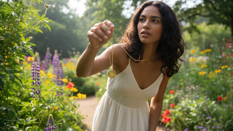 May include: A woman in a white dress holds a gold pendant necklace in a garden setting. The necklace features a circular pendant with an intricate design. The background includes colorful flowers and greenery, creating a natural and serene atmosphere.