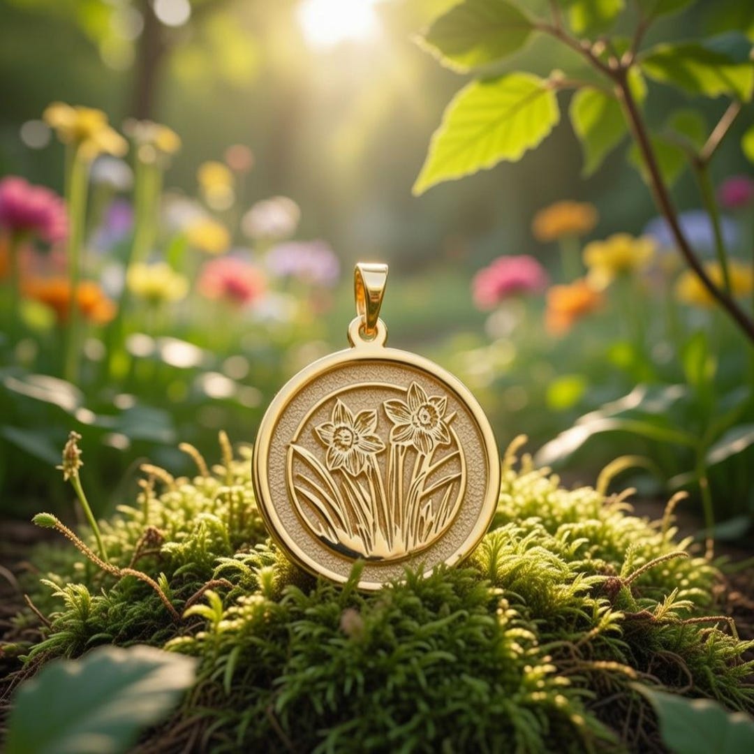 Gold Tone Brass Flower Medallion Necklace – Botanical Engraved Pendant ...