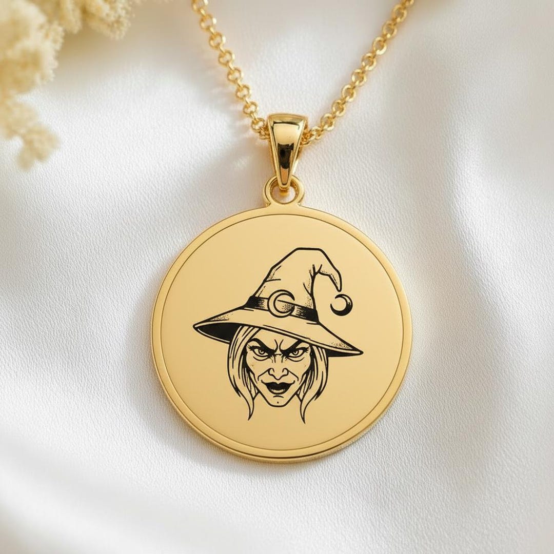 Witch Face Pendant Necklace Engraved Gothic Witch Hat Medallion ...