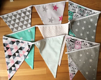 Fabric bunting flags, nursery garland, fabric bunting, pennant banner, triangle banner, banner wall hanging, pink banner, mint nursery decor