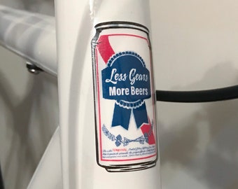 Less Gears More Beers - Bicycle Cycling Sticker Badge (Frame Decal, Emblem for Single Speed, Fixed Gear, Road or Track Bike)