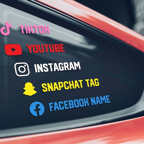 Autocollants de médias sociaux avec votre nom de compte ou de profil. Instagram, Snapchat, TikTok, Facebook, YouTube. Décalcomanies personnalisées pour voiture, ordinateur portable