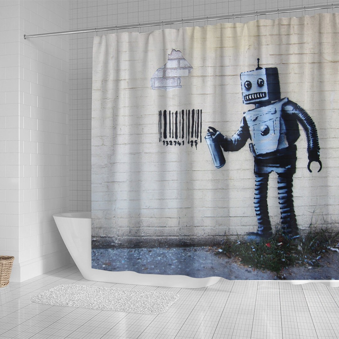 Banksy Graffiti Smiling Robot and Barcodes Better Out Than in Etsy