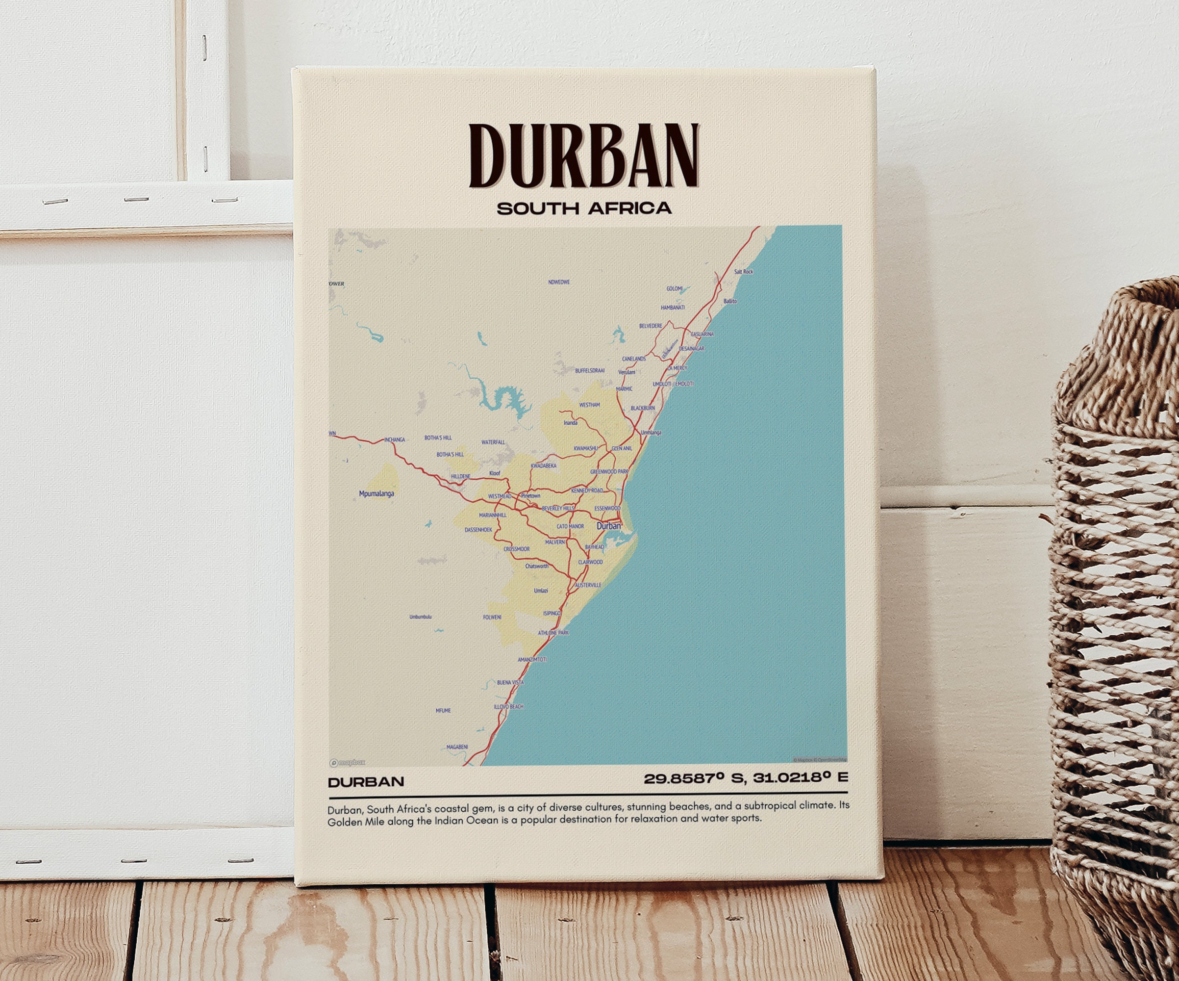 Durban Map Wall Art, Durban Canvas, Durban Photo, Durban Framed Poster, Durban Wall Decor