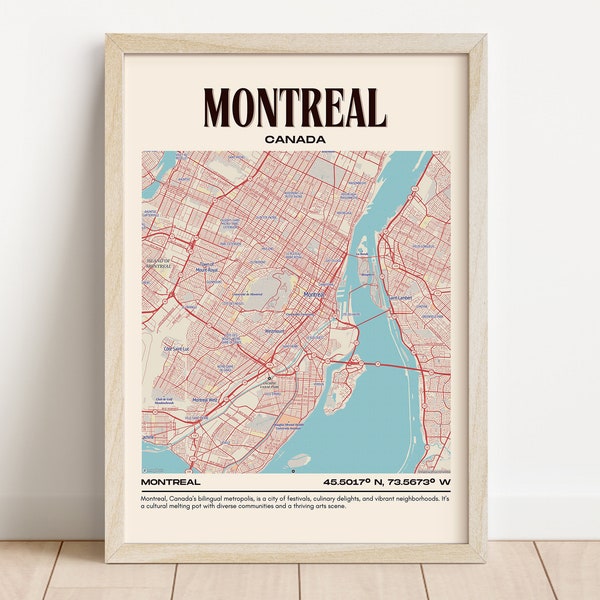 Montreal Map Wall Art, Montreal Canvas, Montreal Photo, Montreal Framed Poster, Montreal Wall Decor, Montreal Poster Print, Canada