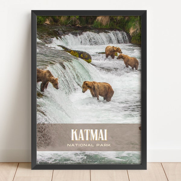 Katmai National Park Retro Wall Art, Katmai Canvas, Katmai Framed Poster, Katmai Photo, Katmai Print, Alaska, Katmai Wall Decor, USA Poster