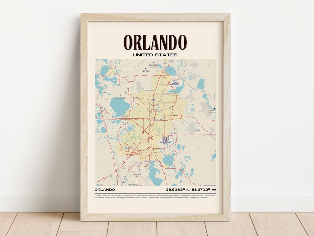 Orlando Map Wall Art, Orlando Canvas, Orlando Photo, Orlando Framed